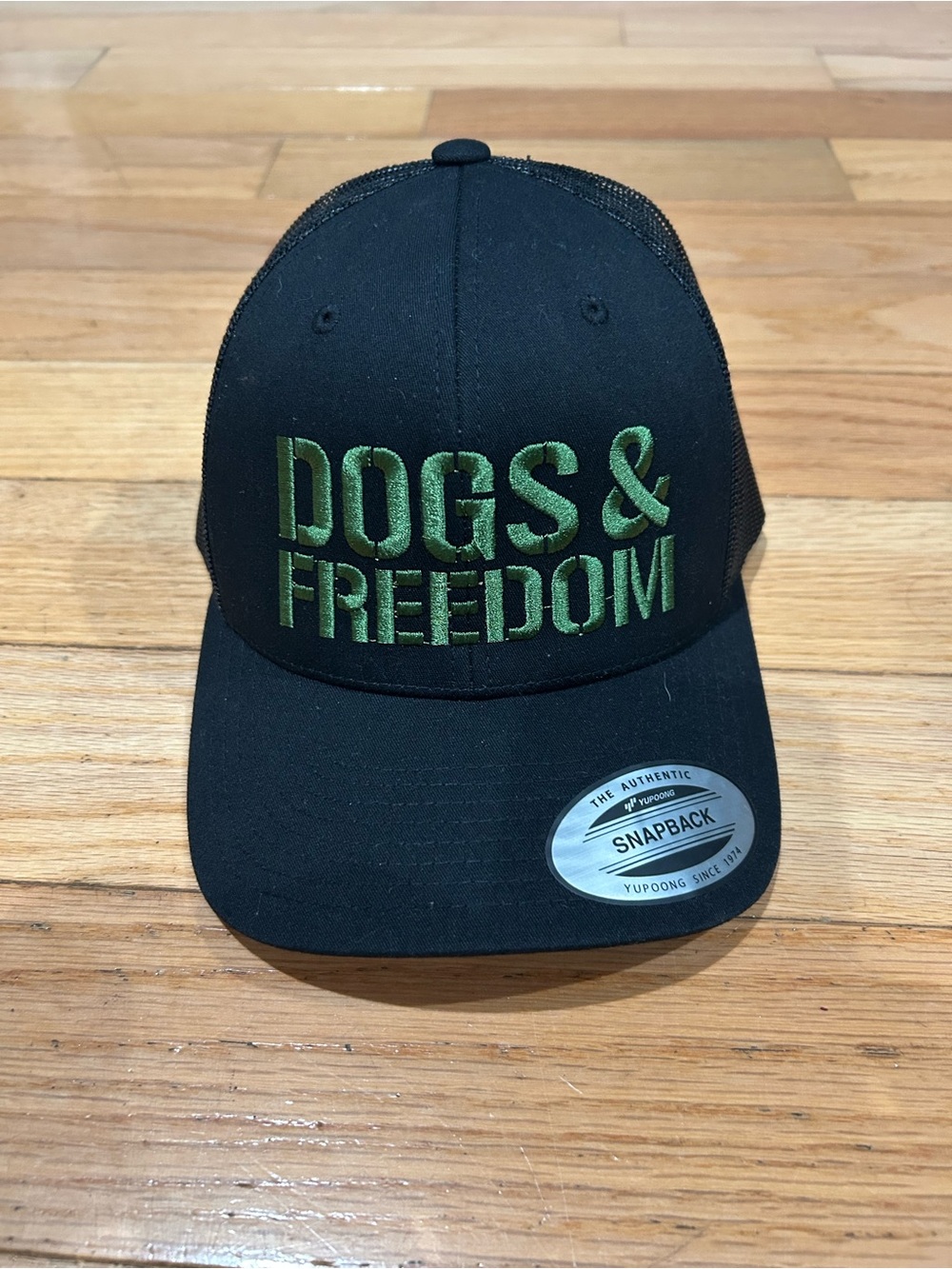 Dogs & Freedom Black Snapback Hat with Green Embroidery